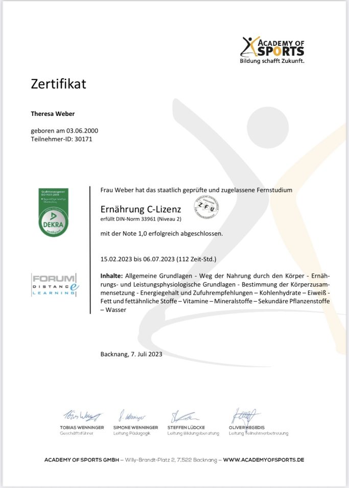 Zertifikat Ernährung C-Lizenz