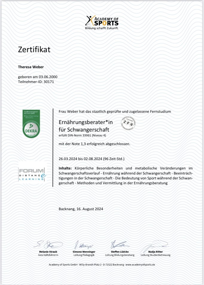 Zertifikat Ernährungsberaterin für Schwangerschaft