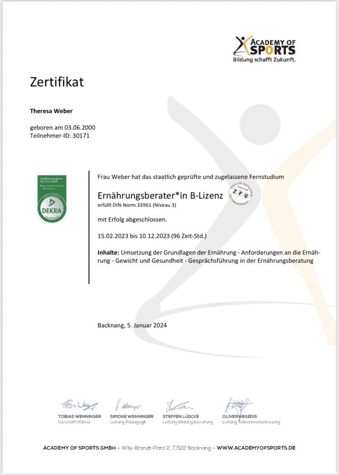 Zertifikat Ernährungsberaterin B-Lizenz