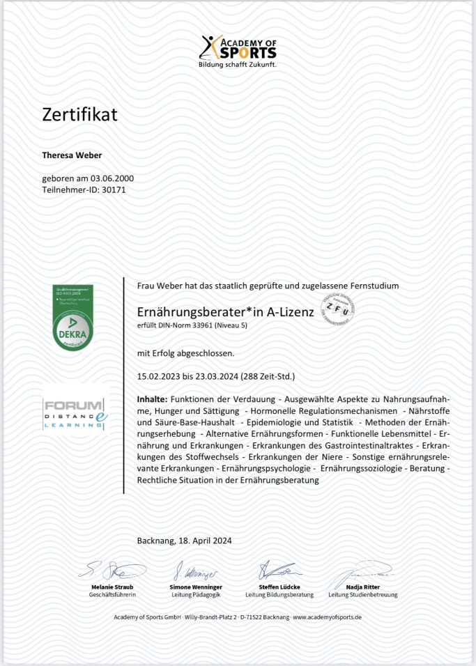 Zertifikat Ernährungsberaterin A-Lizenz